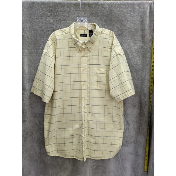 Button Down Shirt Men's 2XLT Yellow Plaid Adjustable Neck Casual Short Sleeve - Picture 1 of 8